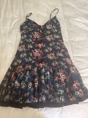 Navy Floral Spaghetti Strap Sundress with Ruffle Hem